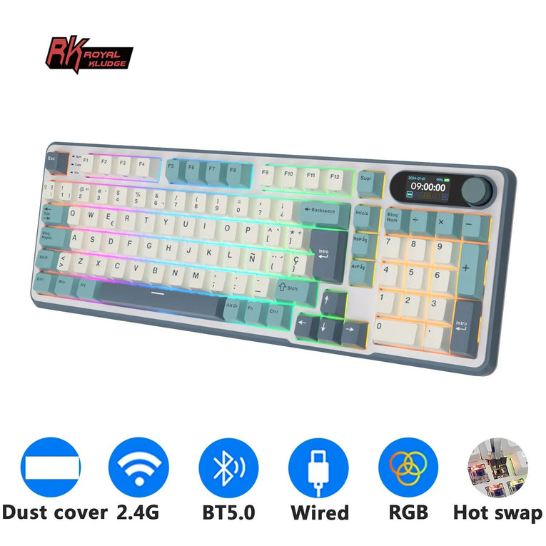 Teclado Mecánico RK ROYAL KLUDGE S98 Gaming 98 Teclas RGB Backlit - Top Mount, Pantalla TFT, Inalámbrico BT5.0/2.4G/USB-C + Hot Swappable