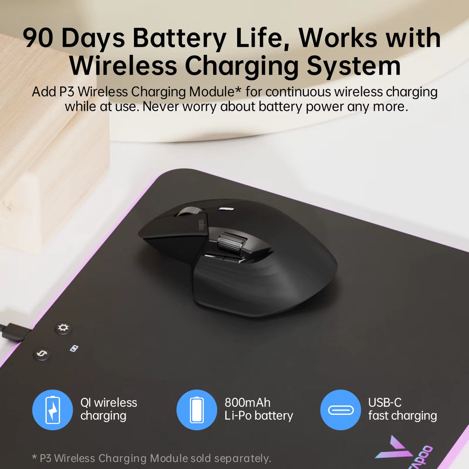 Rapoo MT760 Ratón Inalámbrico Recargable Multimodo Ergonómico 4000 DPI Compatible Con Hasta 4 Dispositivos Ratón Bluetooth