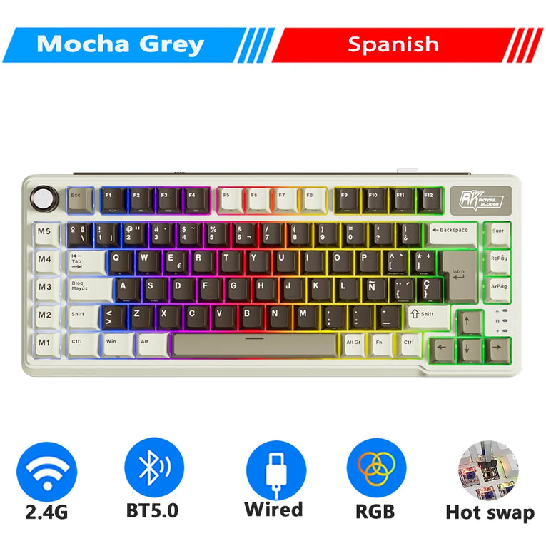 RK ROYAL KLUDGE L75 Cinco Teclas De Acceso Directo Estructura De Junta De Teclado Mecánico Personalizable Teclado gaming Con Retroiluminación RGB Trimodal