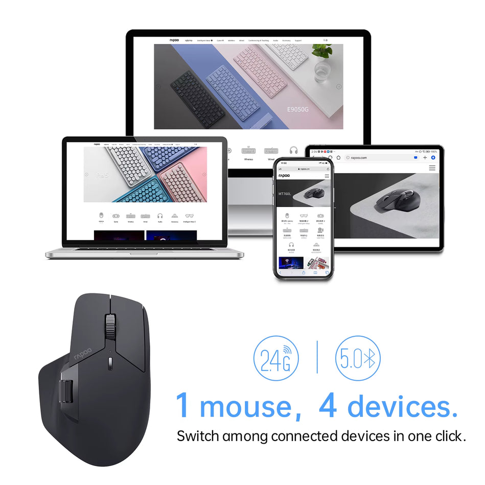 Rapoo MT760 Ratón Inalámbrico Recargable Multimodo Ergonómico 4000 DPI Compatible Con Hasta 4 Dispositivos Ratón Bluetooth