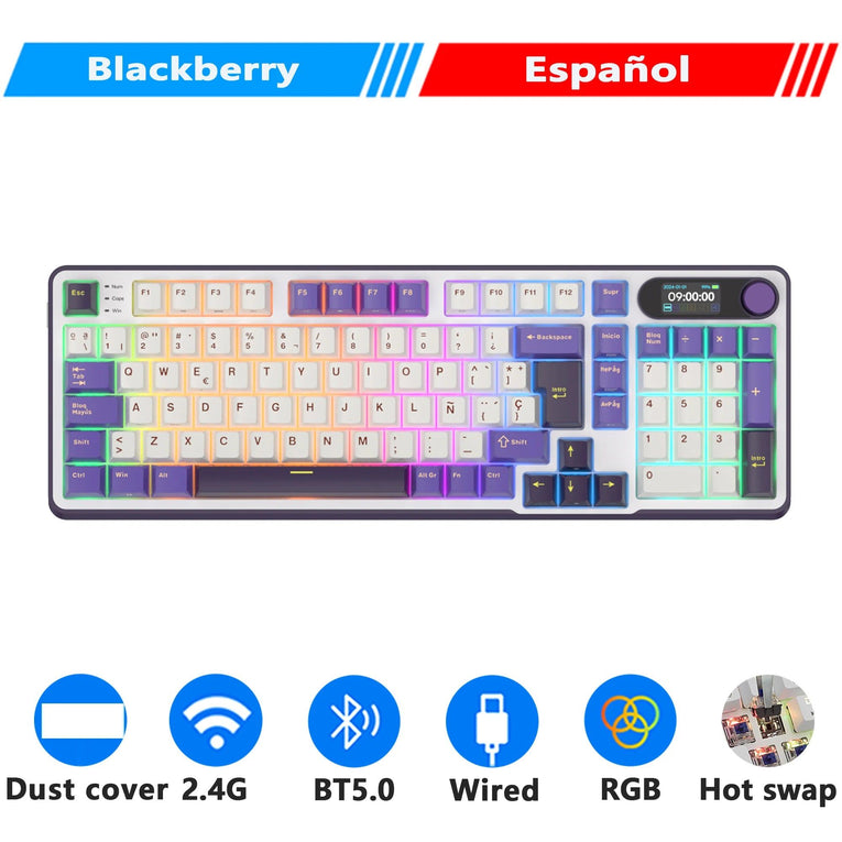 ‌Teclado Mecánico RK ROYAL KLUDGE S98 Gaming 98 Teclas RGB Backlit - Top Mount, Pantalla TFT, Inalámbrico BT5.0/2.4G/USB-C + Hot Swappable