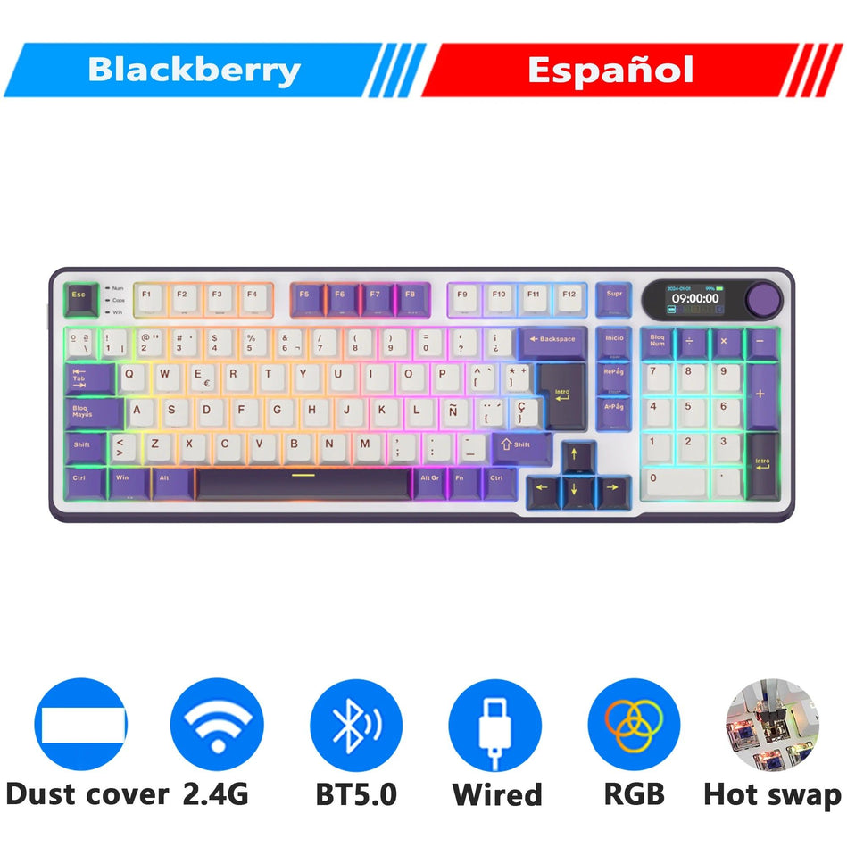 ‌Teclado Mecánico RK ROYAL KLUDGE S98 Gaming 98 Teclas RGB Backlit - Top Mount, Pantalla TFT, Inalámbrico BT5.0/2.4G/USB-C + Hot Swappable