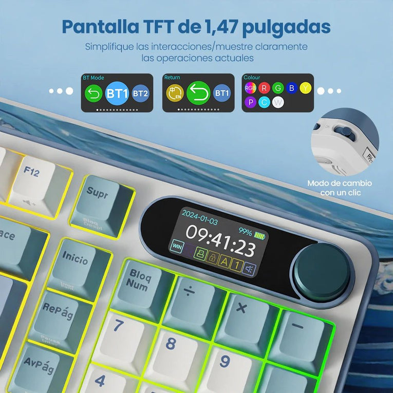 ‌Teclado Mecánico RK ROYAL KLUDGE S98 Gaming 98 Teclas RGB Backlit - Top Mount, Pantalla TFT, Inalámbrico BT5.0/2.4G/USB-C + Hot Swappable