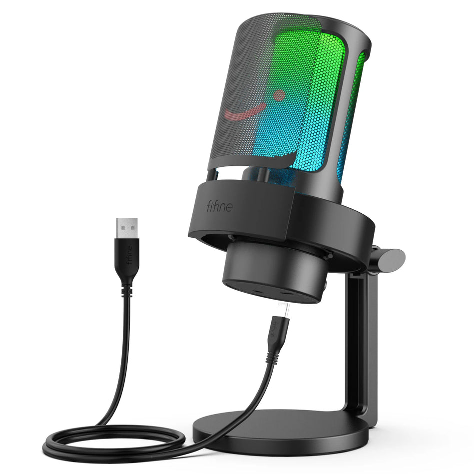 FIFINE A8 - Micrófono USB Para Grabar Y Transmitir, Salida De Auriculares Y Botón De Silencio Táctil, Micrófono Con 3 Modos RGB