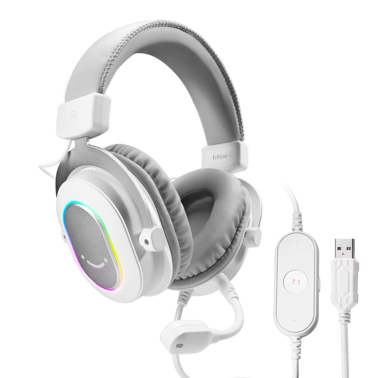 Fifine Auriculares Dinámicos RGB Con Micrófono, Audífonos Para La Oreja, Cascos Para Juegos Películas Y Música, 3 Opciones EQ, Sonido Envolvente 7.1, Dispositivo Para Ordenador PS4 Y PS5