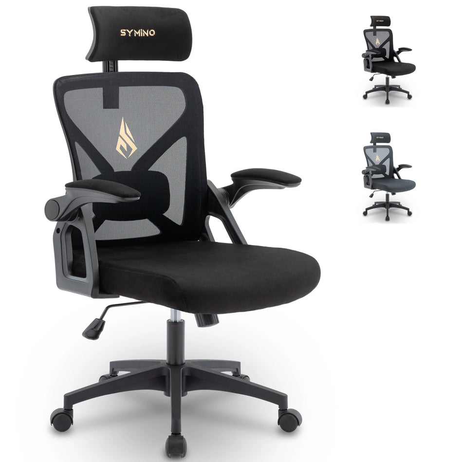 Symino Silla De Oficina  Con Reposacabezas Ajustable, Reposabrazos, Soporte Lumbar, Silla De Oficina Ergonómica, Función Basculante Giratoria