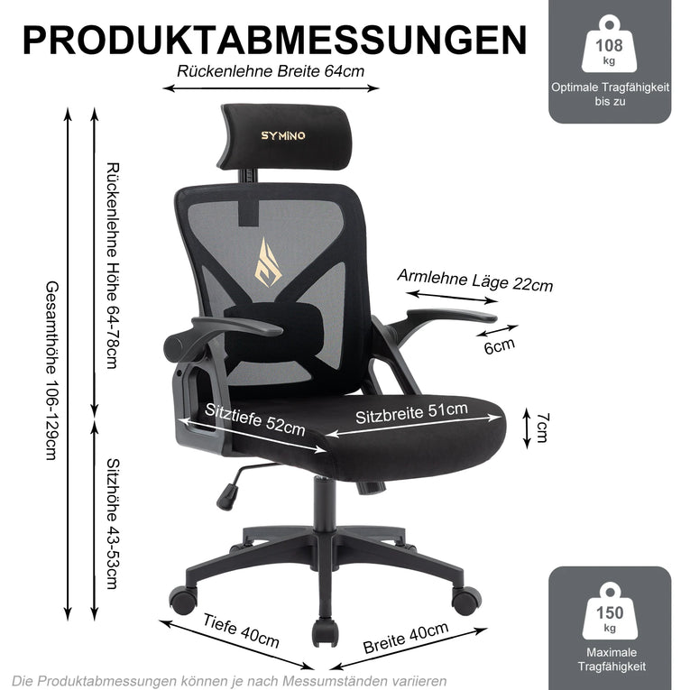 Symino Silla De Oficina  Con Reposacabezas Ajustable, Reposabrazos, Soporte Lumbar, Silla De Oficina Ergonómica, Función Basculante Giratoria