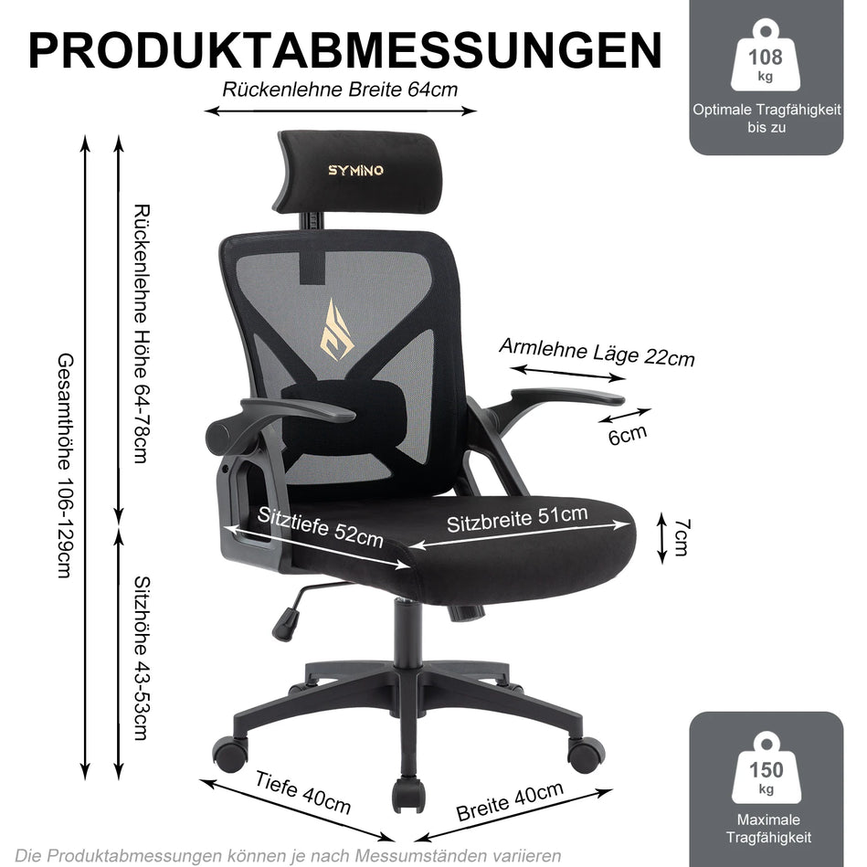 Symino Silla De Oficina  Con Reposacabezas Ajustable, Reposabrazos, Soporte Lumbar, Silla De Oficina Ergonómica, Función Basculante Giratoria