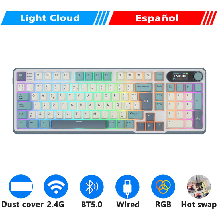 ‌Teclado Mecánico RK ROYAL KLUDGE S98 Gaming 98 Teclas RGB Backlit - Top Mount, Pantalla TFT, Inalámbrico BT5.0/2.4G/USB-C + Hot Swappable