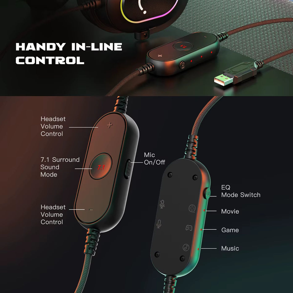 Fifine Auriculares Dinámicos RGB Con Micrófono, Audífonos Para La Oreja, Cascos Para Juegos Películas Y Música, 3 Opciones EQ, Sonido Envolvente 7.1, Dispositivo Para Ordenador PS4 Y PS5